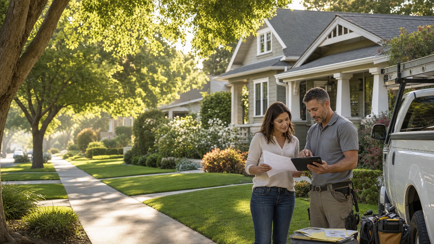 Sacramento homeowner reviewing a contractor estimate outside a neighborhood home